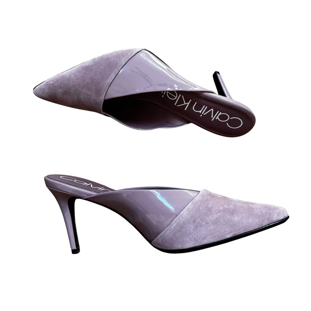 Calvin Klein "Gosha" purple lavender suede & patent leather high heel mules 10M - Picture 6 of 13